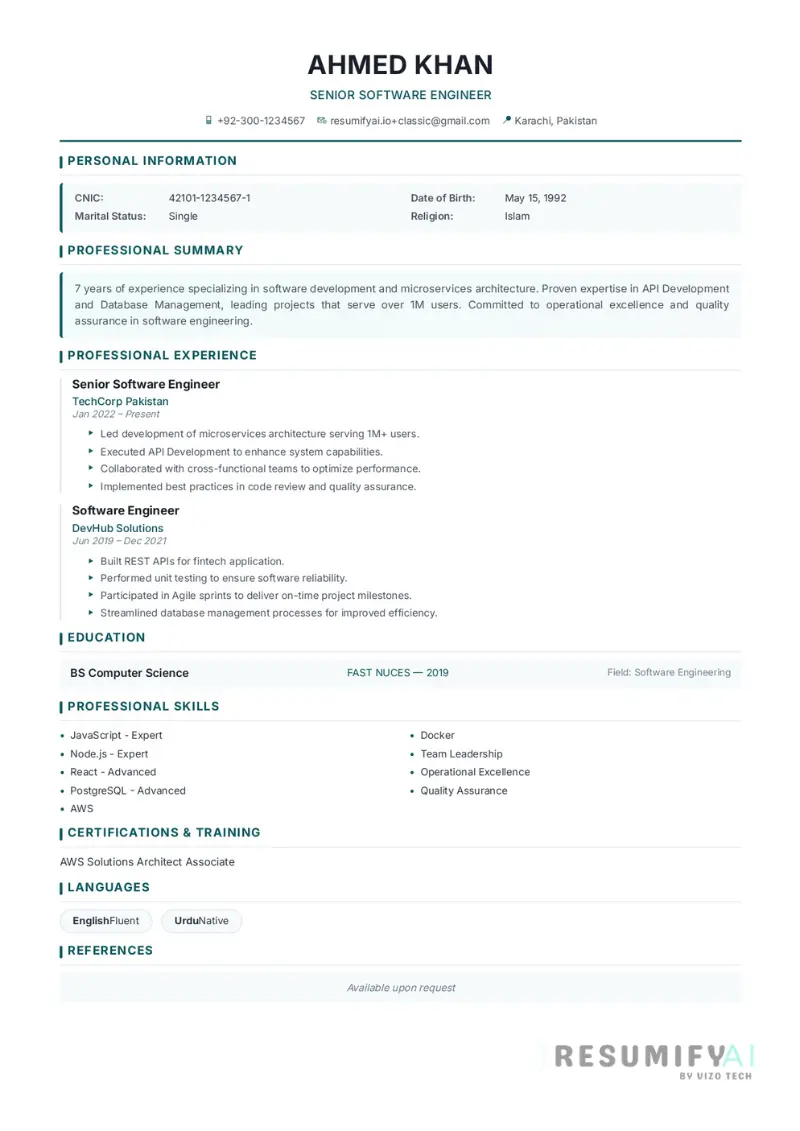Classic Resume Template Pakistan Local Jobs