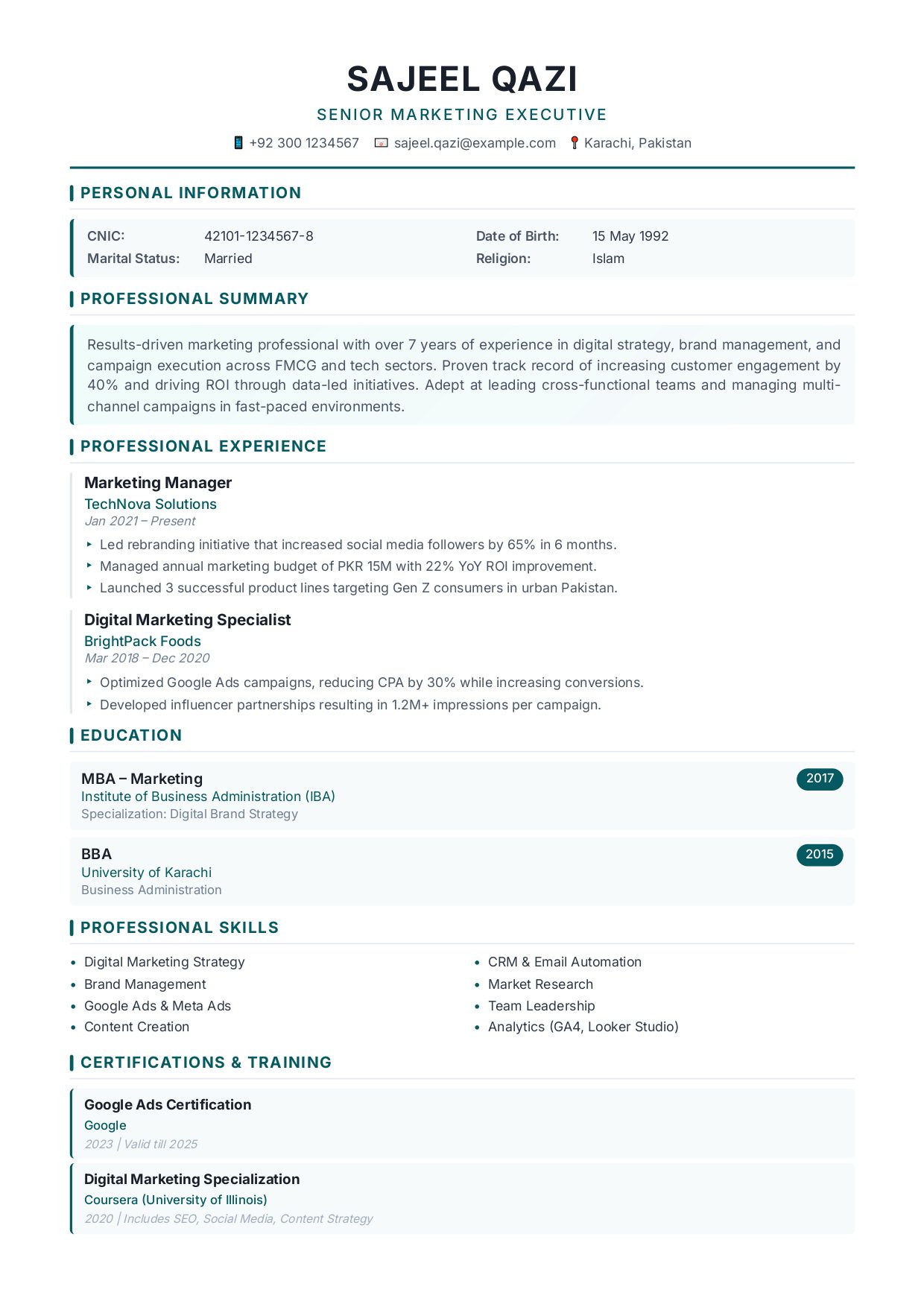 Classic Resume Template Pakistan