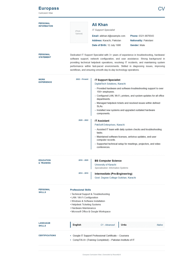 Europass CV Template Europe