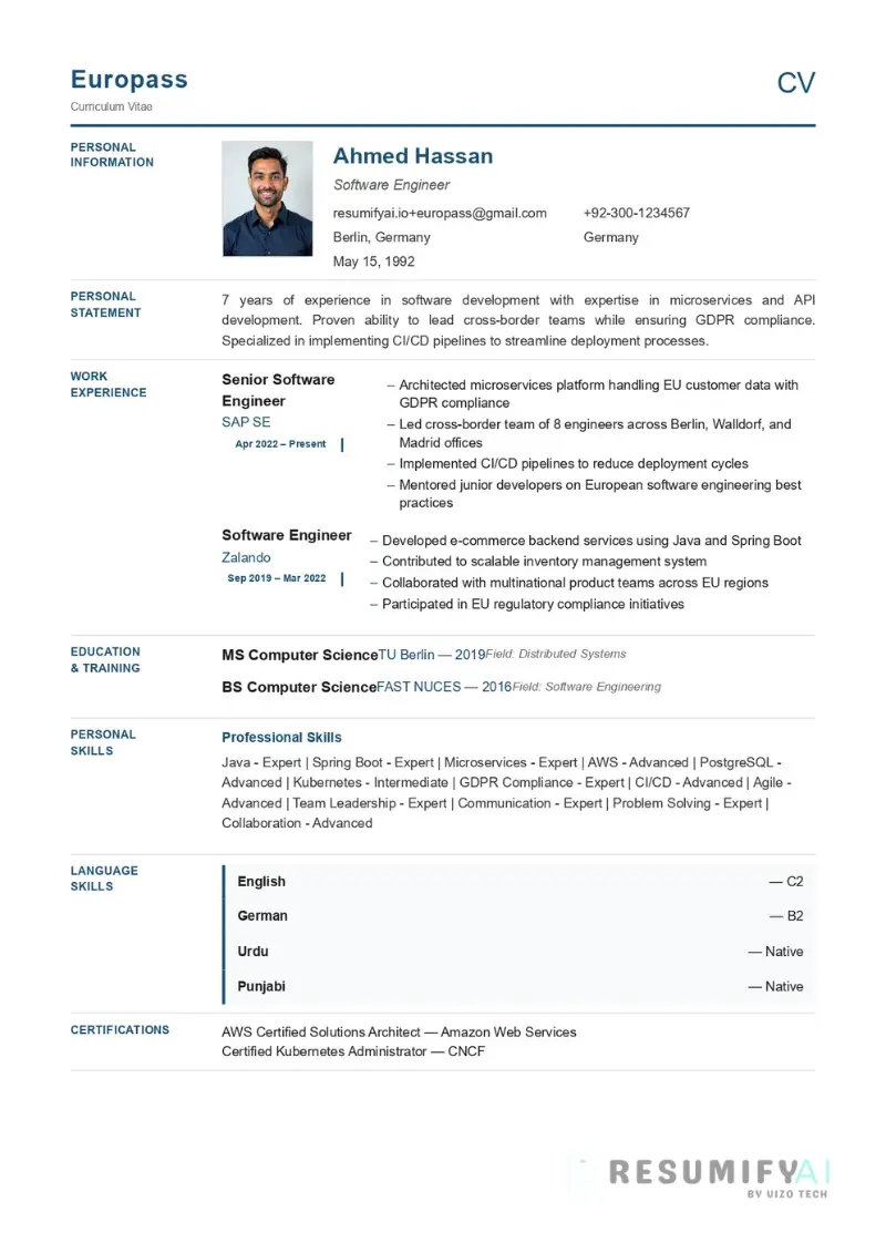 Europass CV Template Europe Germany France