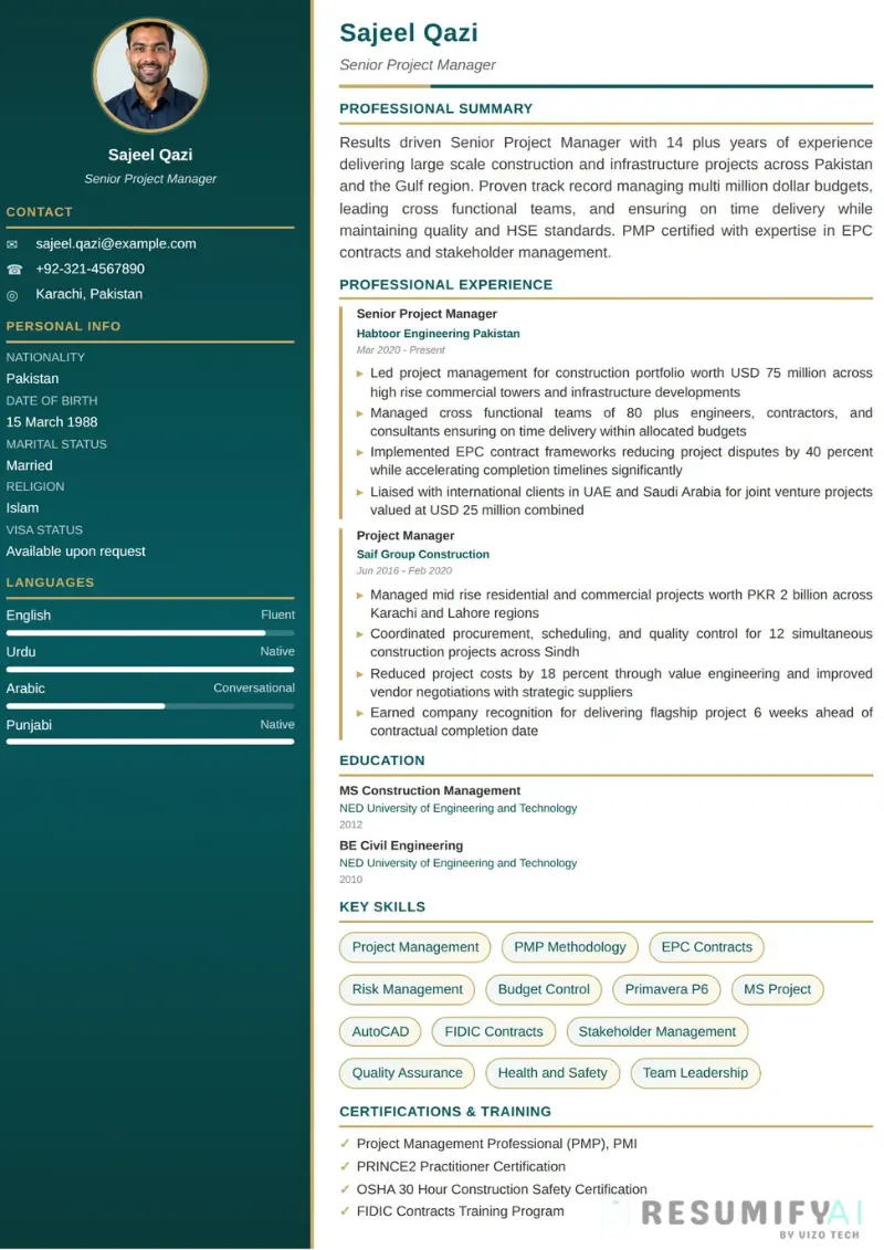 Gulf Professional Resume Template UAE Saudi Arabia Qatar