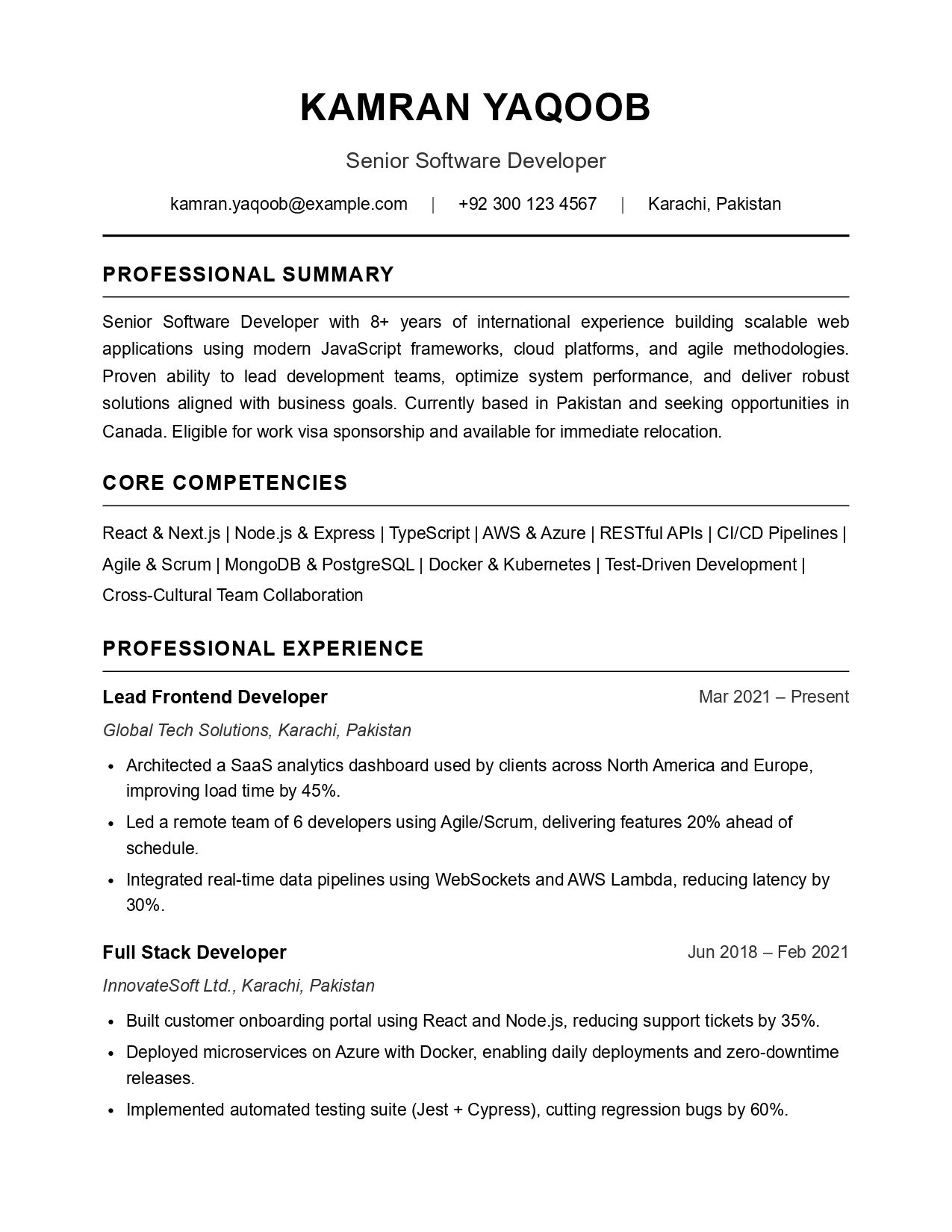 Canadian Resume Template Canada PR Express Entry