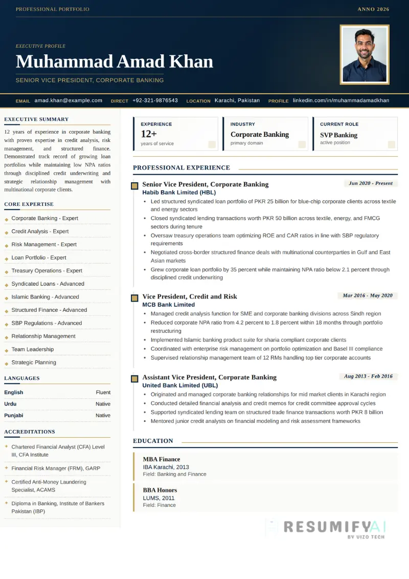 Bank Corporate Resume Template Pakistan HBL UBL MCB