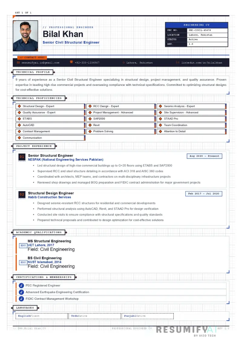 Engineer PEC Resume Template Pakistan Civil Electrical Mechanical