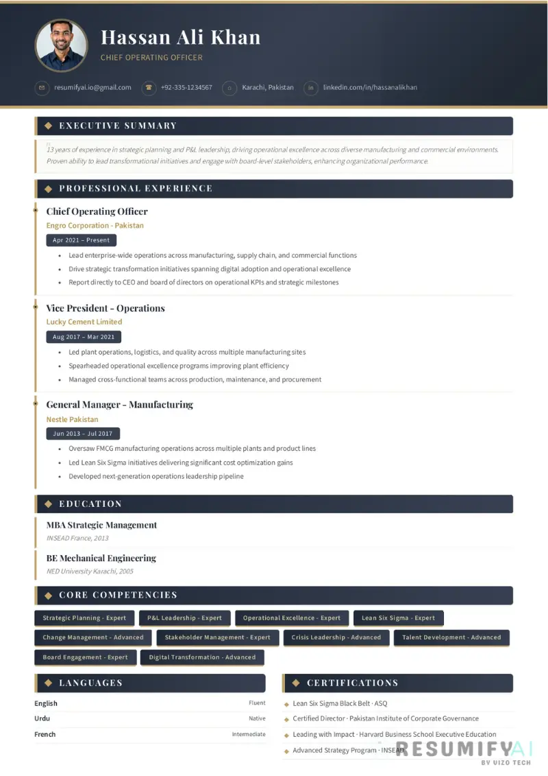 Executive Resume Template Pakistan CEO COO CFO C-Suite