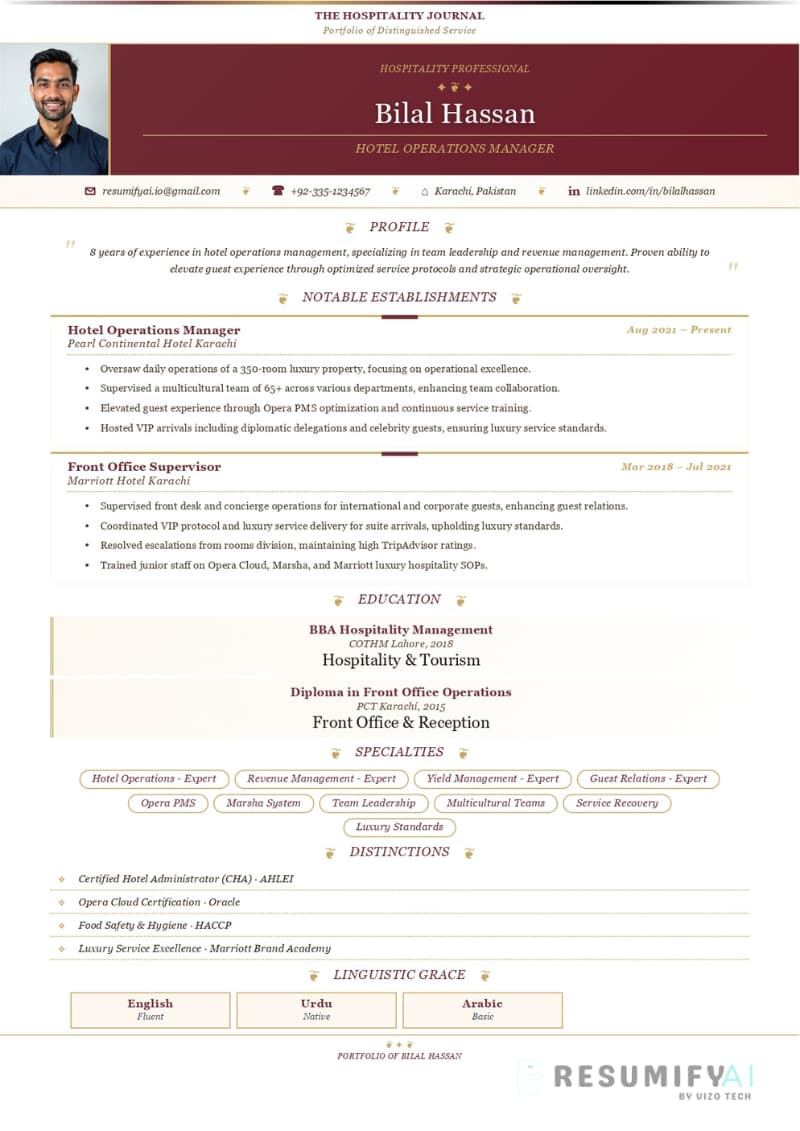 Hospitality Resume Template Pakistan Hotel Marriott PC