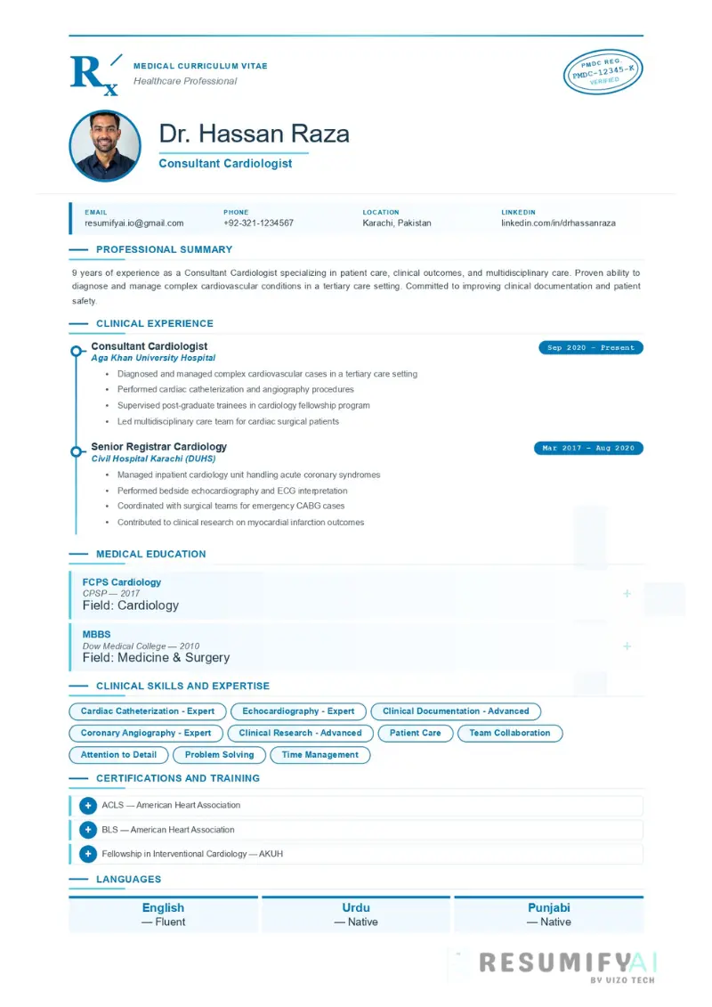 Medical Doctor Resume Template Pakistan PMDC MBBS