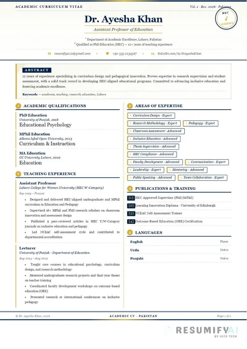 Teacher Academic Resume Template Pakistan HEC Faculty